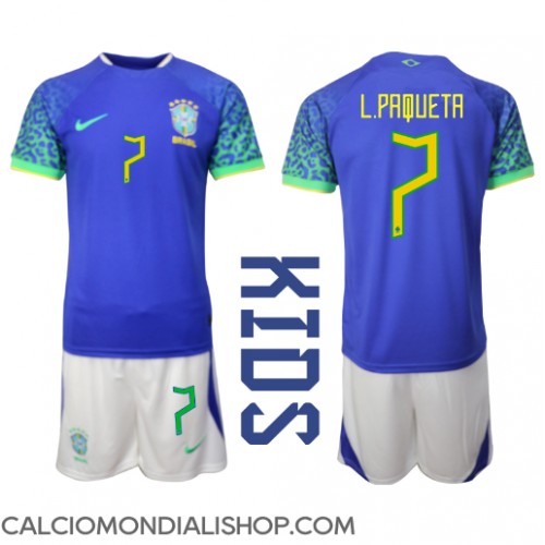 Maglie da calcio Brasile Lucas Paqueta #7 Seconda Maglia Bambino Mondiali 2022 Manica Corta (+ Pantaloni corti)